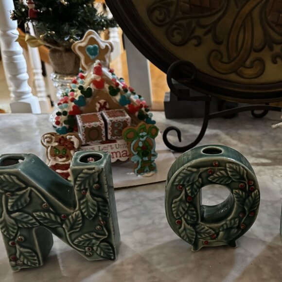 Vintage Lipper Mann Noel Candle Holder Holly Green Berry Letter Christmas Japan - Picture 2 of 4